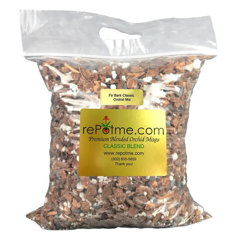 Clear rePotme bag containing Orchid Bark Classic potting mix.