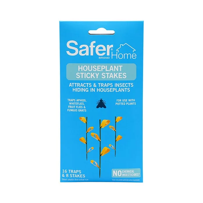 Blue Safer Home Houseplant Sticky Stakes pack with 16 traps and 8 stakes.
